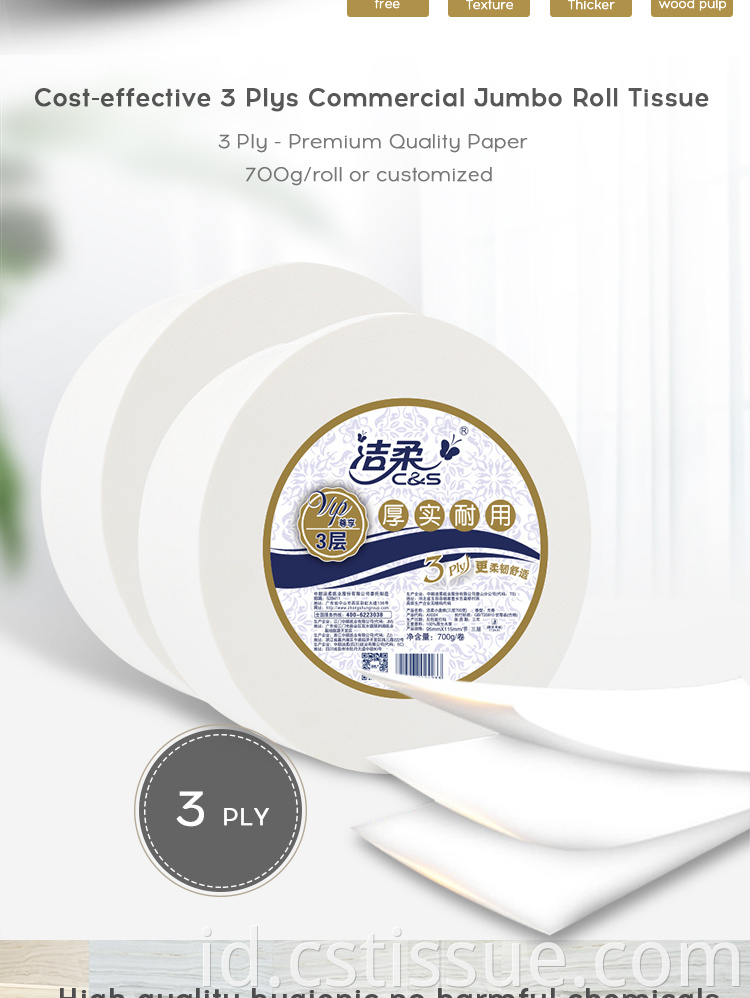 Biaya Efektif 3 Ply Toilet Paper Tissue Tidak Ada Bahan Kimia Berbahaya Jumbo Roll Tissue